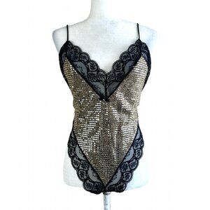 Madelon Louden Vintage 80s Gold Sequin Lace Lingerie Bodysuit